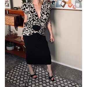 Vintage Barbara Barbara California Midi Dress Black Cream Scroll Rose NWT Size 8